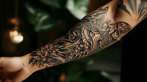 Detailed Black Floral Tattoo on Arm