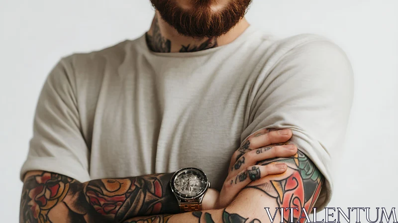 Bearded Man with Arm Tattoos and Watch AI Image