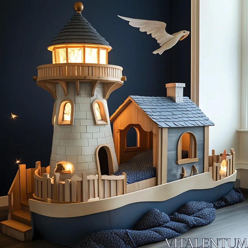 AI ART Whimsical Lighthouse Bed with Cozy House