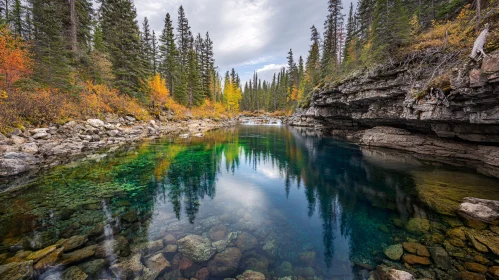 Autumn Landscapes: Serene River in Forest