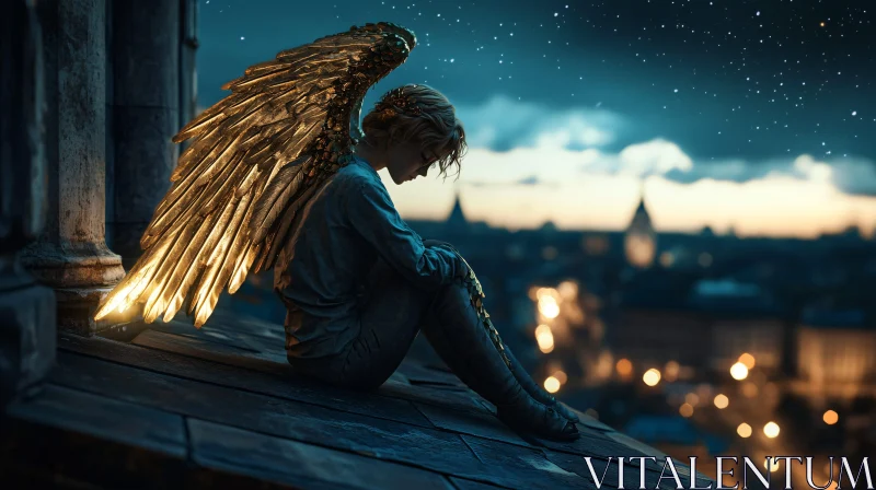 AI ART Pensive Angel Overlooking City Lights