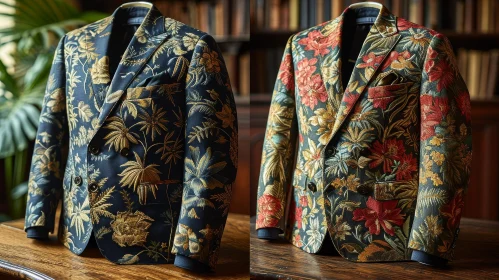 Elegant Dark Blue Suit Jacket with Floral Pattern