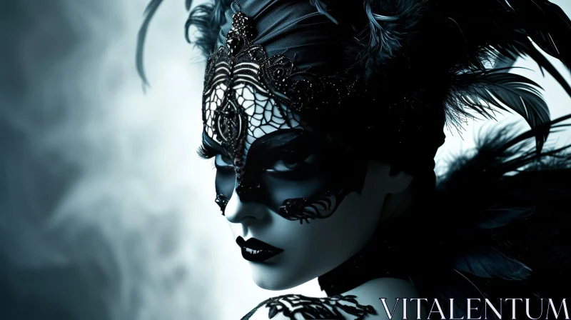 Elegant Portrait of a Woman with a Black Venetian Mask AI Image