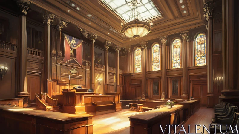 Ornate Wooden Courtroom with Natural Light AI Image