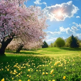 Blooming Meadow in Spring Sunlight