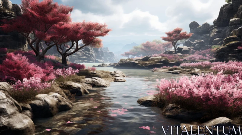 Scenic Mountain Stream and Pink Flower Landscape AI Image