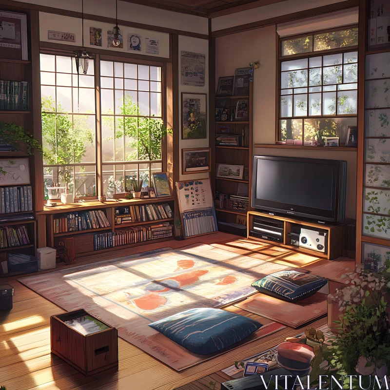 AI ART Sunlit Room with Books and Cozy Decor