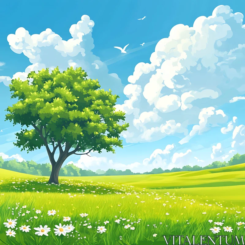 AI ART Scenic Green Field and Blue Sky