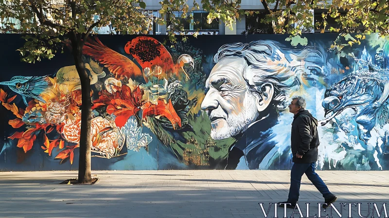 AI ART Vibrant Urban Mural with Elderly Man's Image