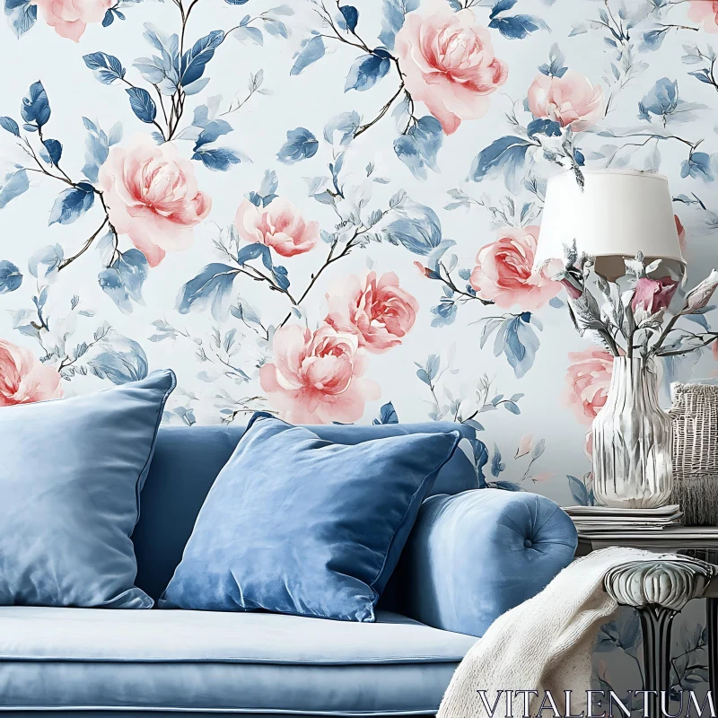 AI ART Floral Wallpaper and Blue Couch