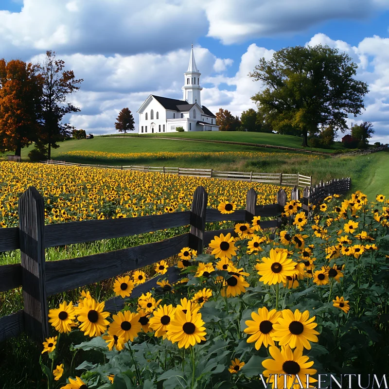 Rural Landscape with Sunflowers and Church AI Image