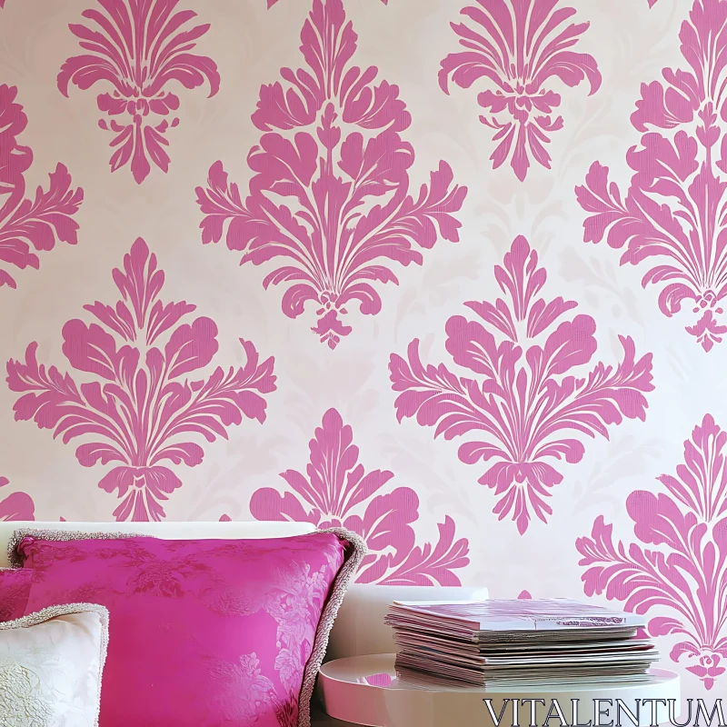 AI ART Elegant Damask Wall with Pink Accents