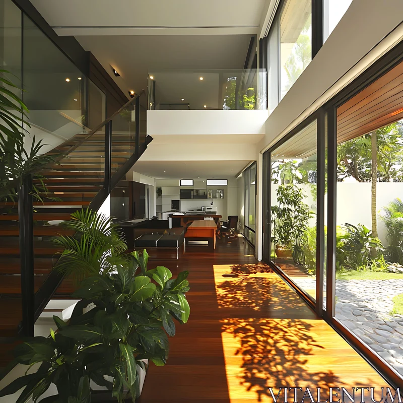 Modern Home Interior with Wood and Greenery AI Image