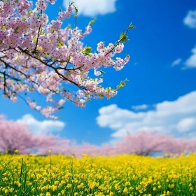 Cherry Blossoms over Yellow Flowers Field