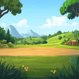 Scenic Cartoon Meadow with Distant Peaks