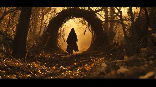 Cloaked Figure in Golden Forest