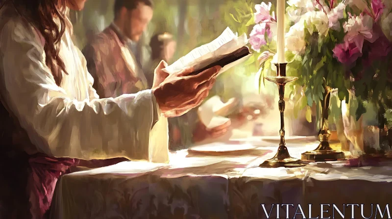 Candlelit Readers with Floral Centerpiece AI Image