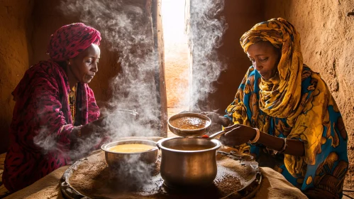 Women Preparing Food in Traditional Attire