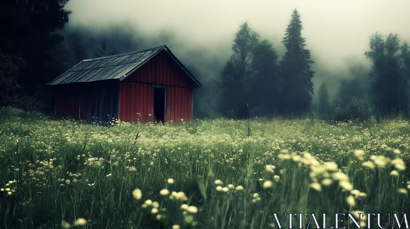 AI ART Red Cabin in Foggy Field