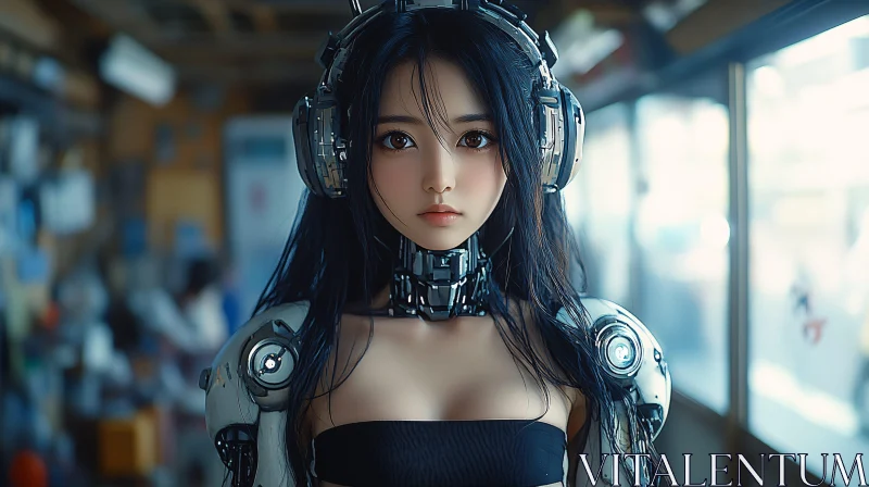 Futuristic Female Cyborg in Urban Setting AI Image