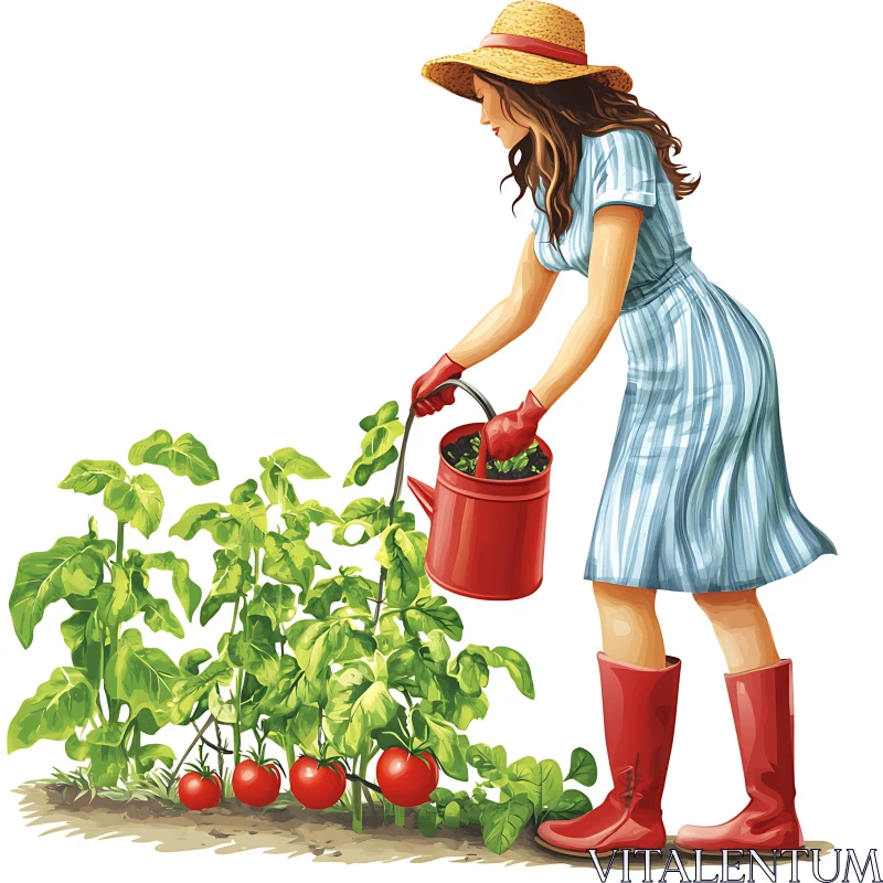 Illustration of a Woman Tending Garden AI Image