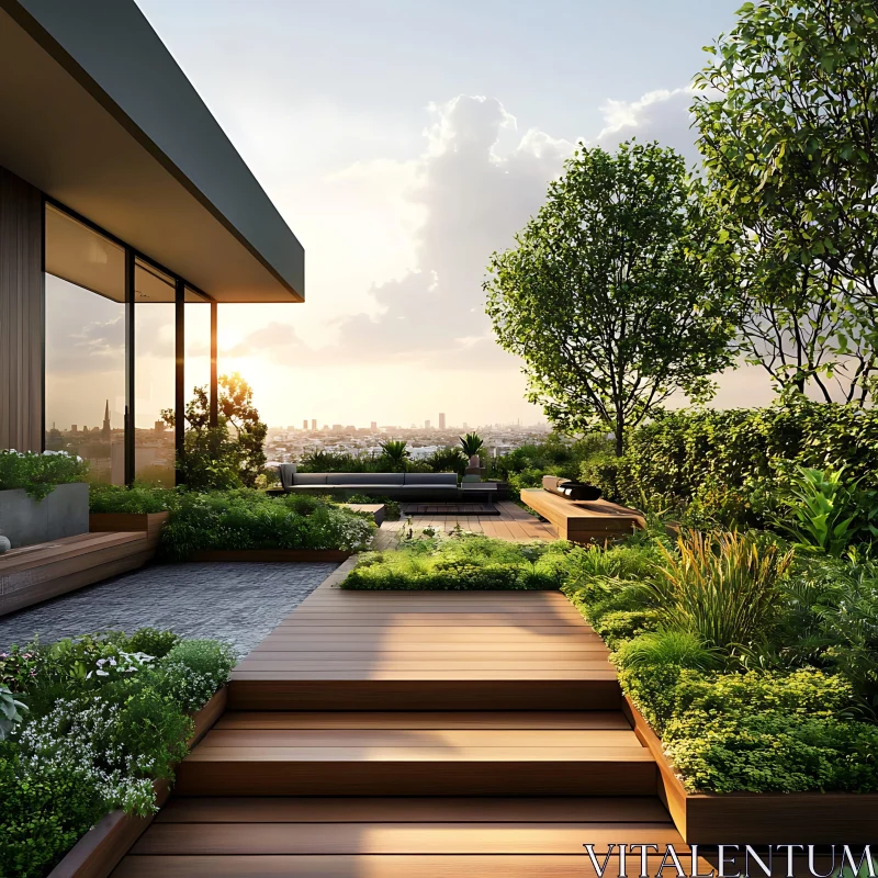 Tranquil Rooftop Garden with City View AI Image