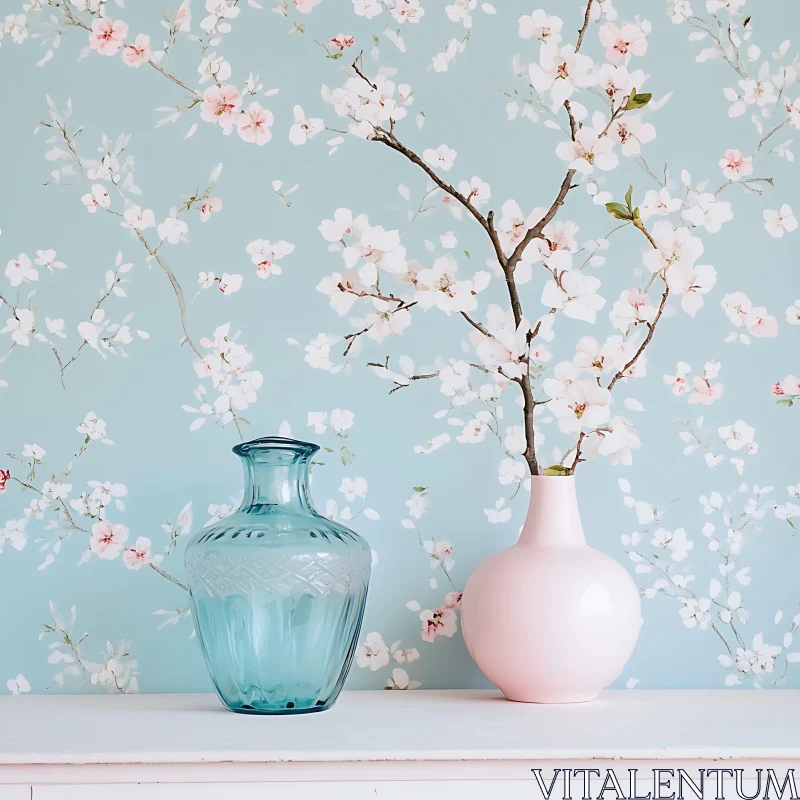 AI ART Pastel Vases with Floral Wallpaper