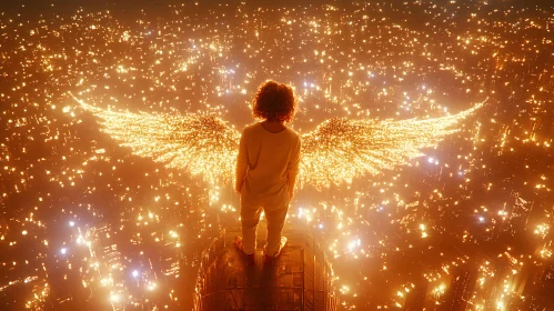 Child with Angel Wings Overlooking City