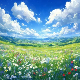 Serene Landscape with Wildflowers and Clouds