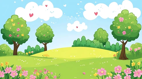 Whimsical Cartoon Landscape with Green Meadow