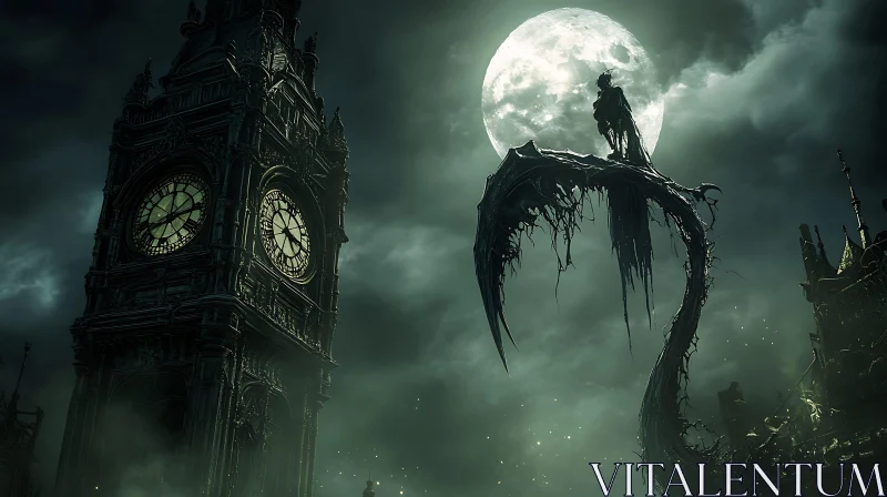 AI ART Dark Fantasy Clock Tower Under Moon