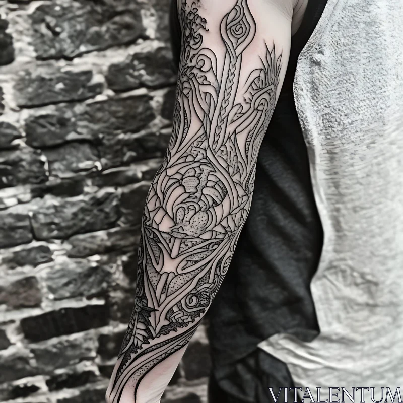 Intricate Black Line Art Tattoo Sleeve on Arm AI Image