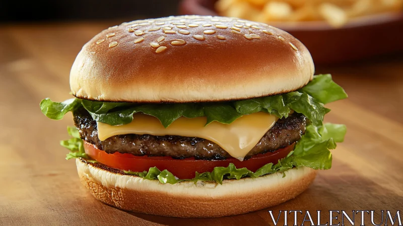 Delectable Cheeseburger on Wooden Table AI Image