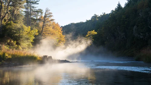 Tranquil Misty Forest River Landscape