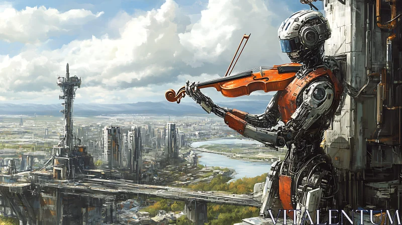 Cyborg Musician Overlooking Futuristic Cityscape AI Image