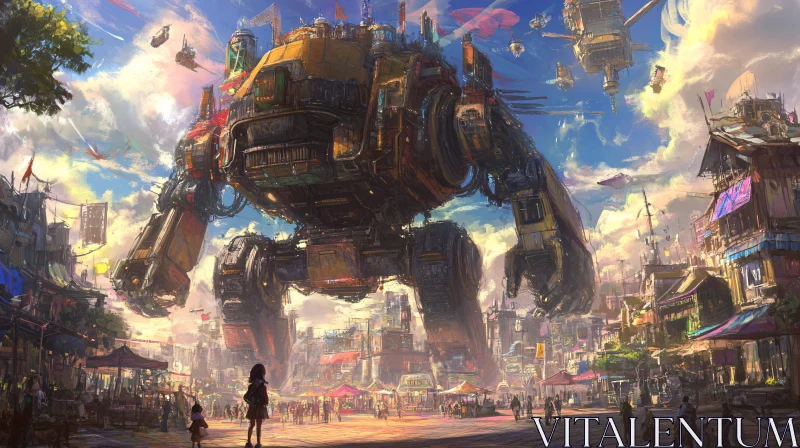 Futuristic Cityscape with Giant Robot AI Image