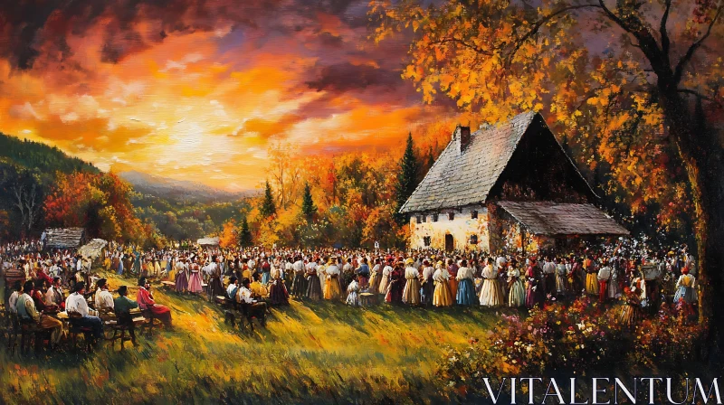 Sunset Gathering in an Autumnal Field AI Image