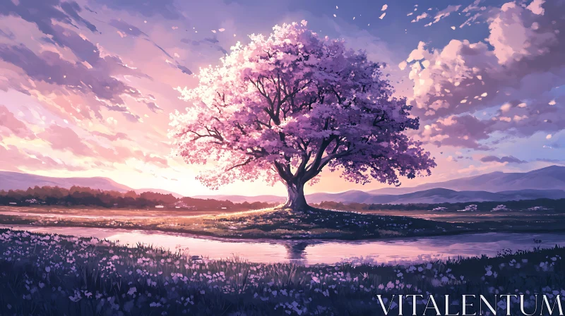 AI ART Peaceful Lake and Cherry Tree Scenery