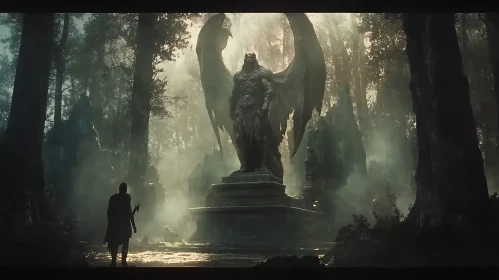 Winged Statue in the Misty Woods