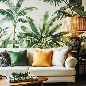 Living Room with Tropical Wallpaper and Sofa