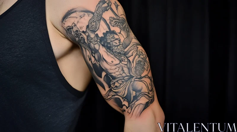 Full Arm Tattoo Featuring Mythological Warrior AI Image