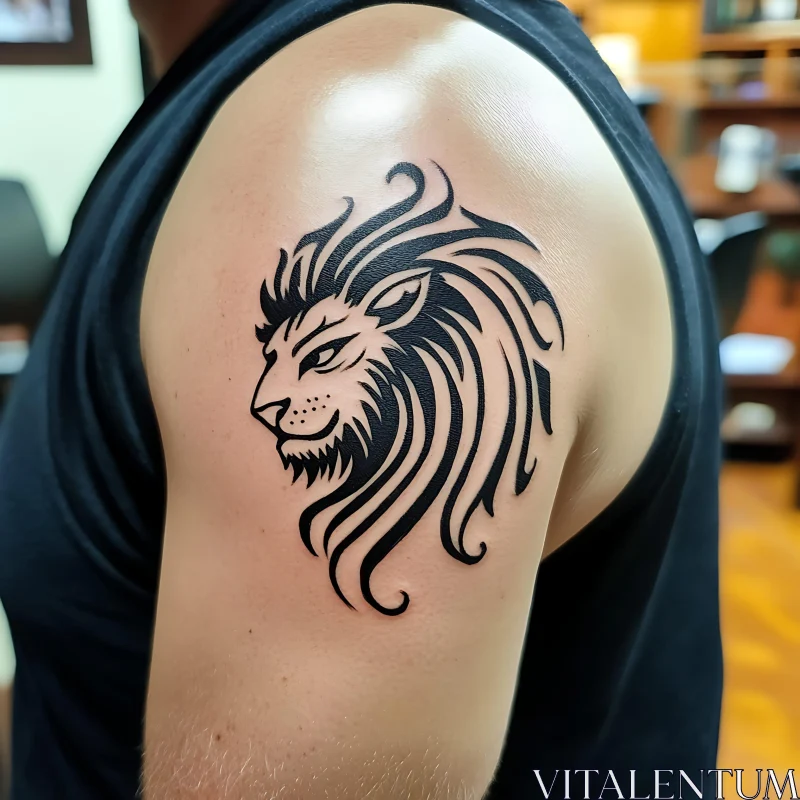 Black Ink Lion Tattoo AI Image