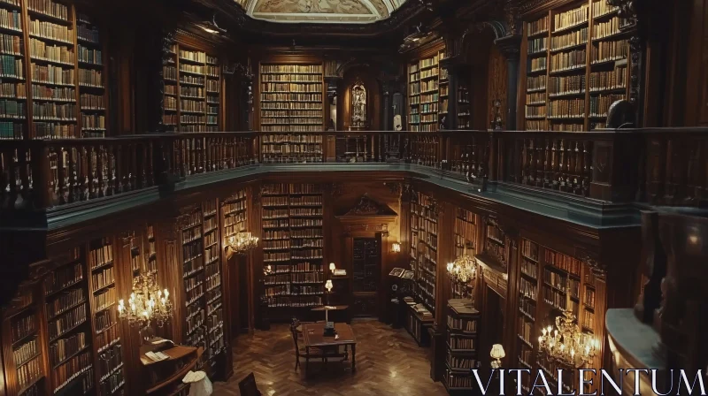 Vintage Library with Bookshelves and Chandeliers AI Image