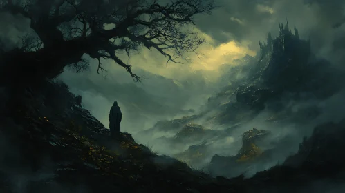 Silhouette in Dark Fantasy Landscape