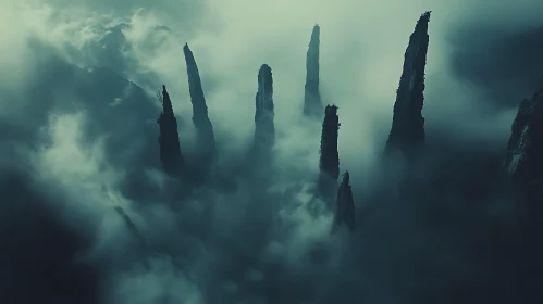 Foggy Mountain Landscape with Rock Spires