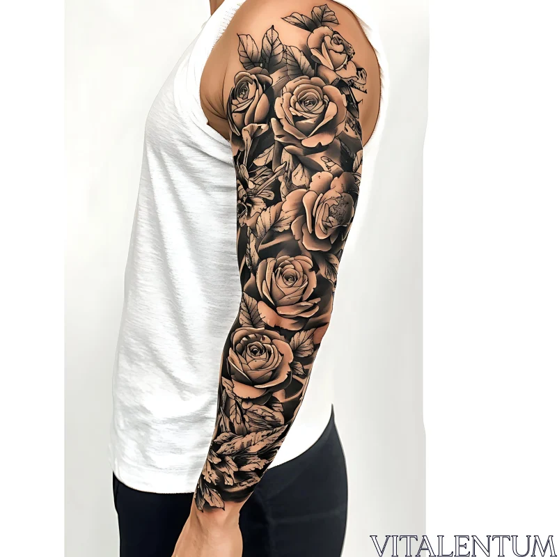 Floral Arm Sleeve Tattoo with Black and Grey Roses AI Image