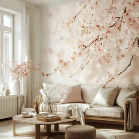 Tranquil Living Room with Floral Accent Wall