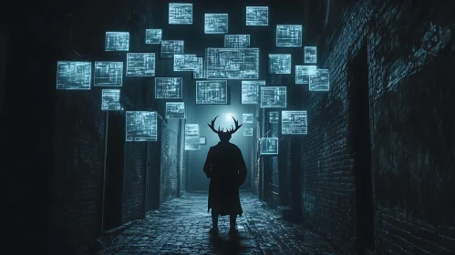 Shadowy Figure with Antlers in Blue Alley