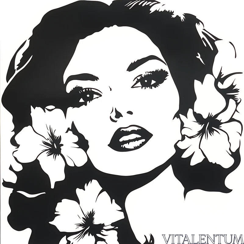 AI ART Monochrome Woman with Flowers Illustration