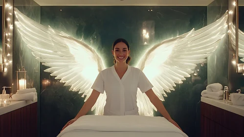 Woman with Angel Wings in Relaxing Spa